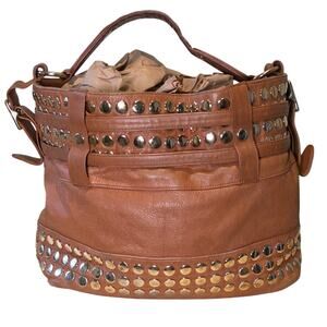 Vtg. Rebecca Minkoff Brown Studded Leather Shoulder Hobo Weekender Tote Bag